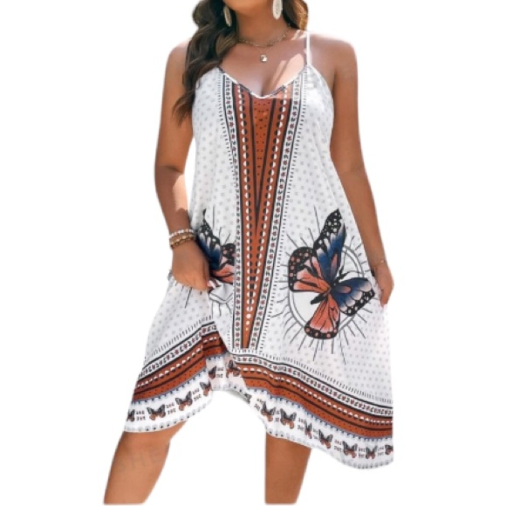 White orange butterfly print asymmetrical handkerchief spaghetti strap dress 4XL